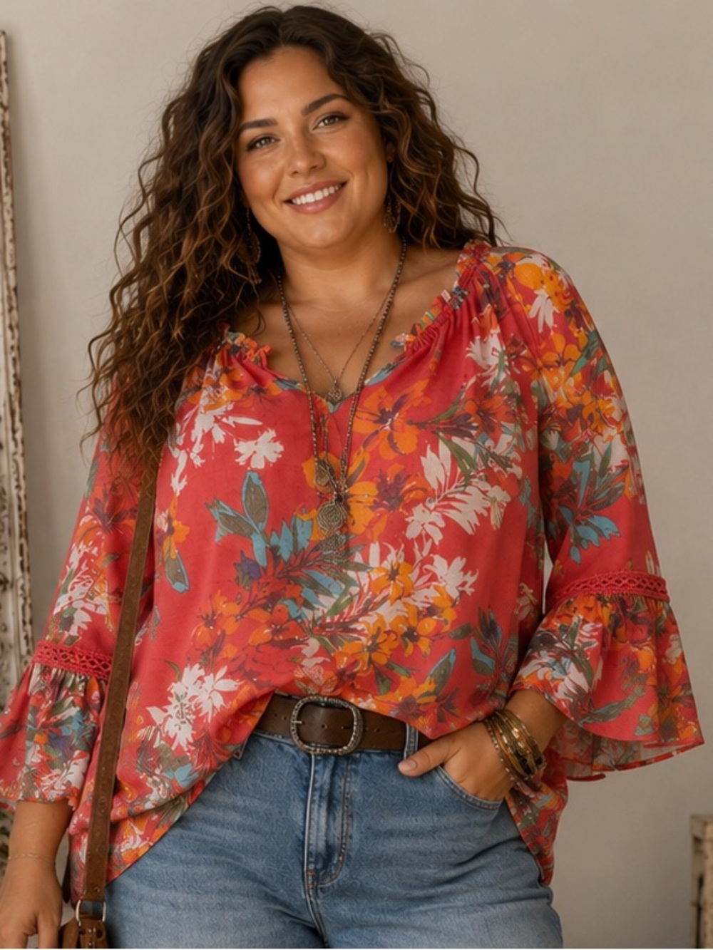 Spense Coral Floral Bell-Sleeve Tunic